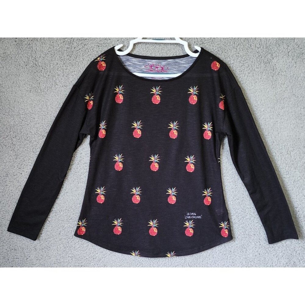 Leoma Lovegrove Womens Long Sleeve Round Neck Top Tropical Pineapples Black Sz S